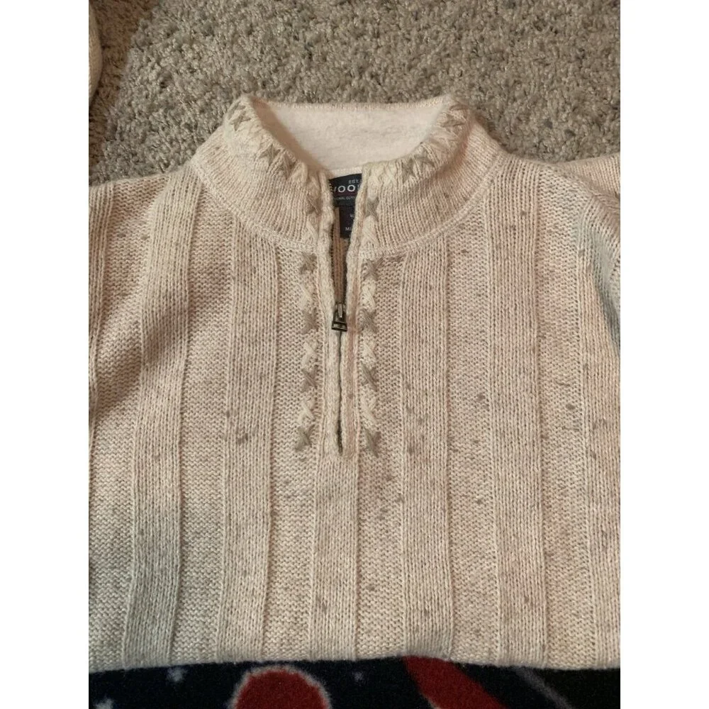 Woolrich Cross Stitch Wool Ramie Sweater Size M Ecru 1/4 Zip Boho Cottagecore